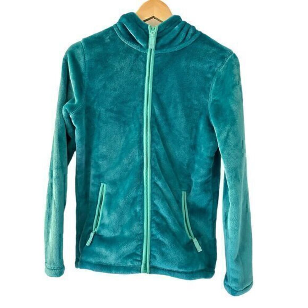 Lands End Girls Green‎ Aqua Fuzzy Soft Zip Up Polyester Jacket Size XL 14/16
